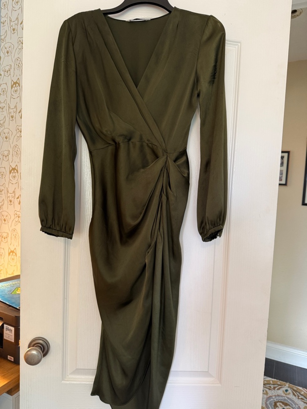 Amanda Uprichard Olive Faux-Wrap Long Sleeve Midi Dress - worn by “Victoria”!